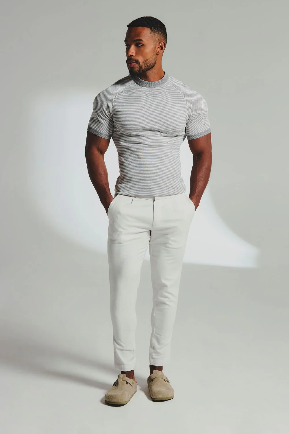 Stripe Knitted T-Shirt in Grey and Off-White - Image 4