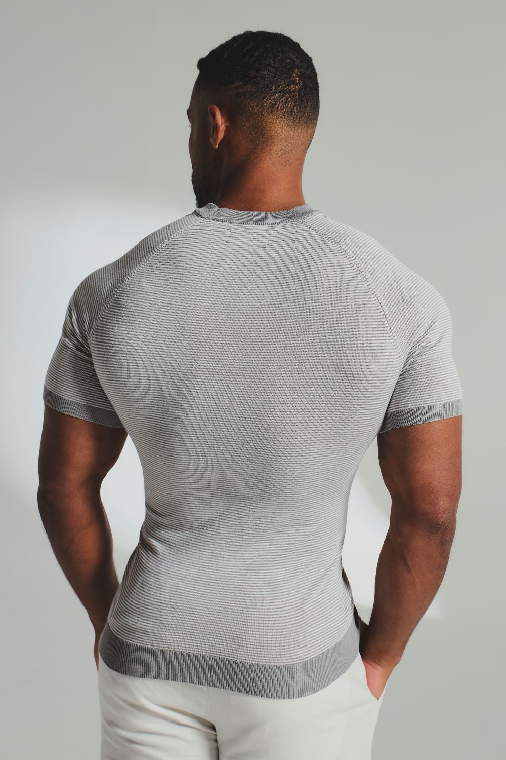 Stripe Knitted T-Shirt in Grey and Off-White - Image 7