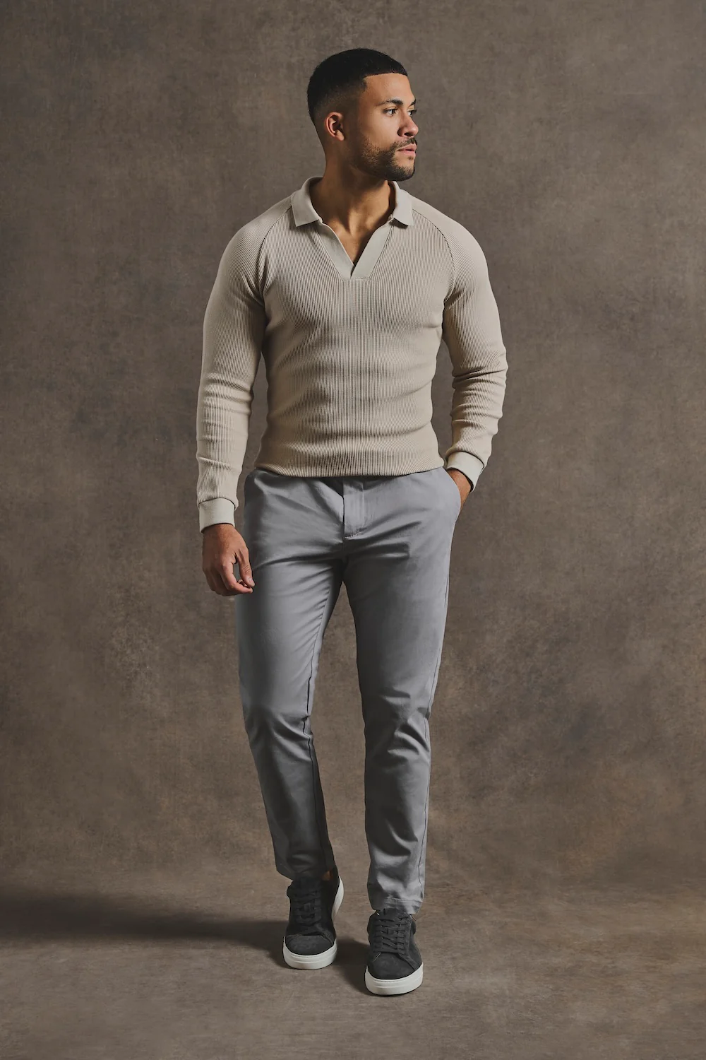 Textured Buttonless Polo Shirt in Stone - Image 2
