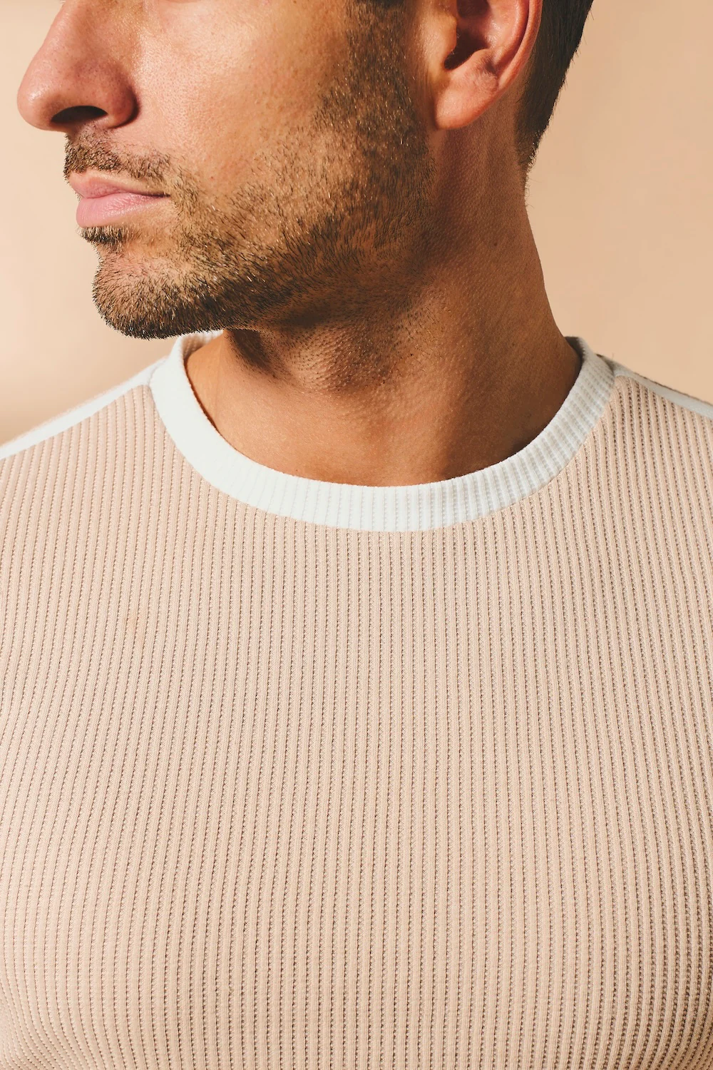 Textured Colour Blocked T-Shirt in Stone and White - Image 5