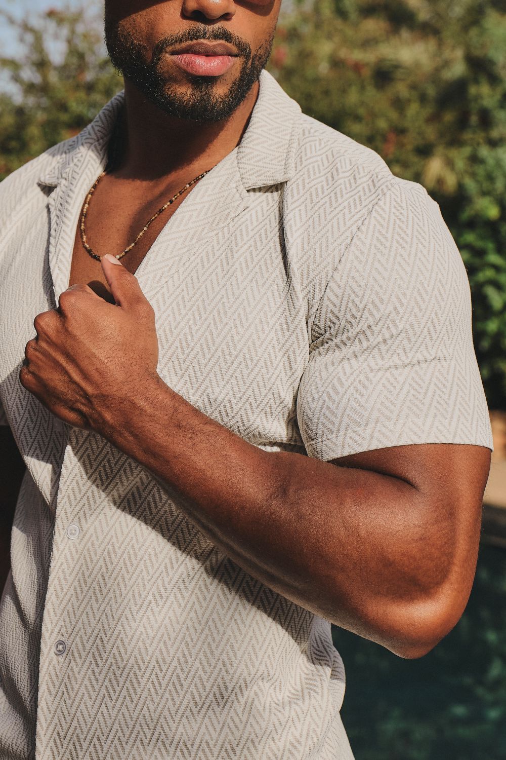 Textured Geo Cuban Collar Shirt in White and Stone - Image 2