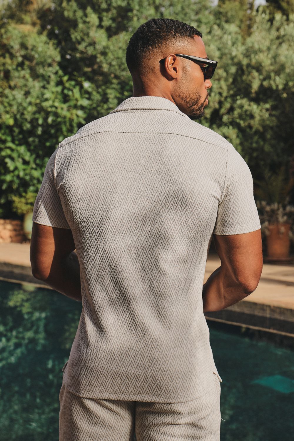 Textured Geo Cuban Collar Shirt in White and Stone - Image 6
