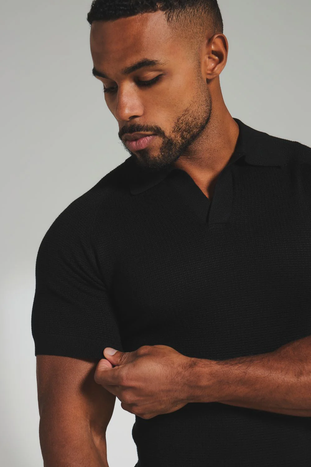 Square Textured Knitted Open Collar Polo Shirt in Black - Image 5