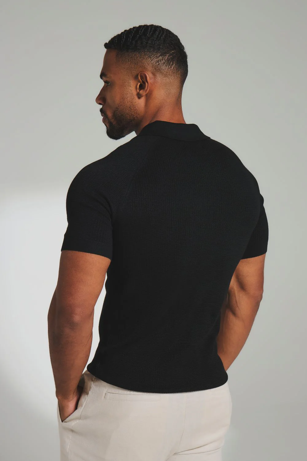 Square Textured Knitted Open Collar Polo Shirt in Black - Image 6