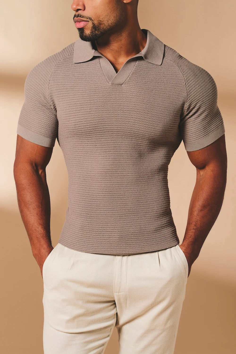 Textured Knitted Open Collar Polo Shirt in Mink - Image 5