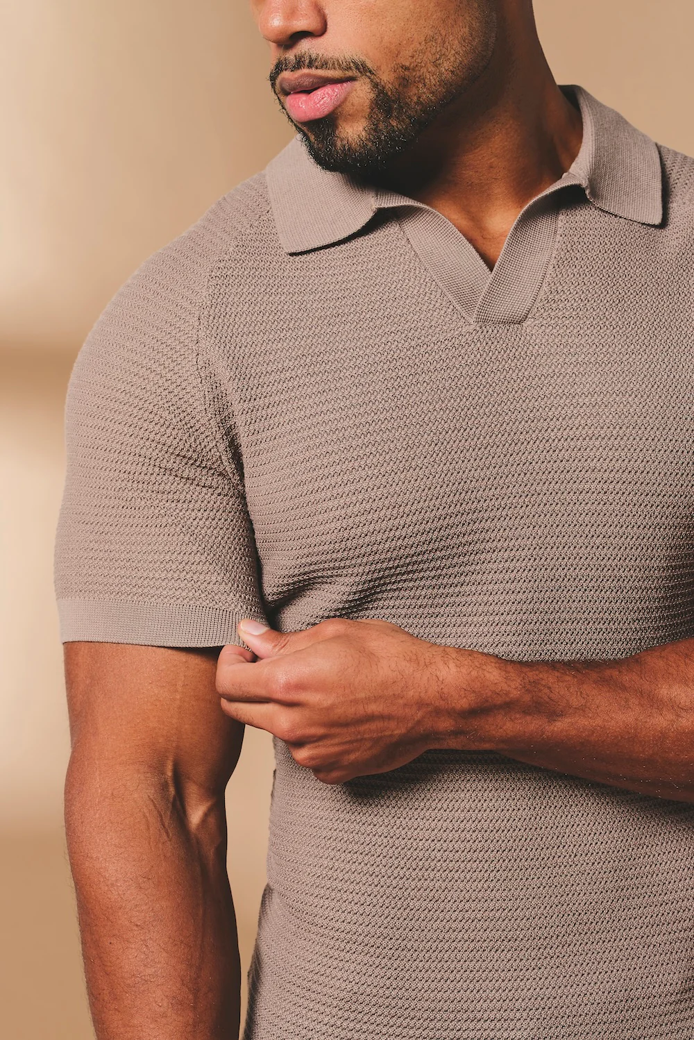 Textured Knitted Open Collar Polo Shirt in Mink - Image 6