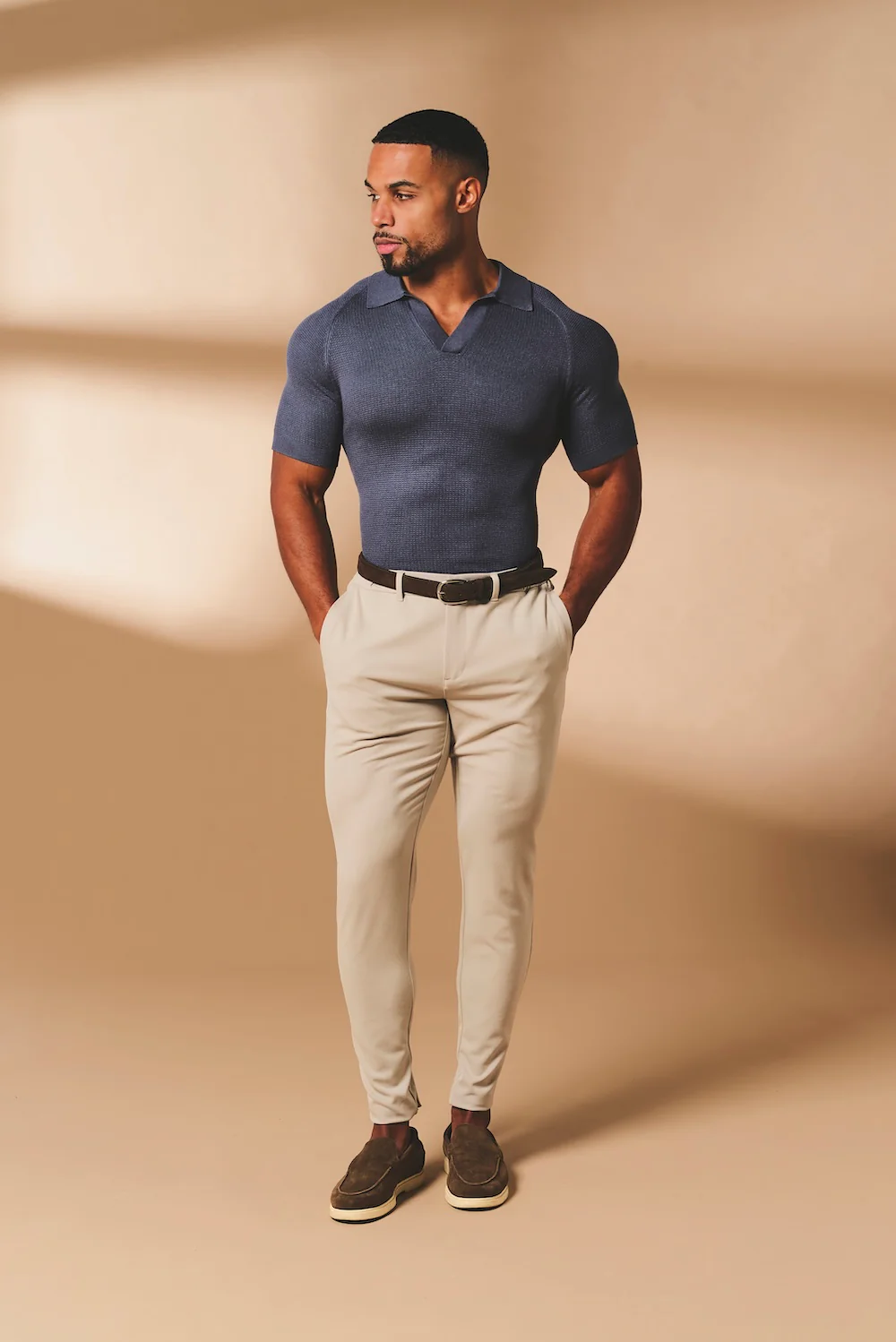 Square Textured Knitted Open Collar Polo Shirt in Slate Blue - Image 3