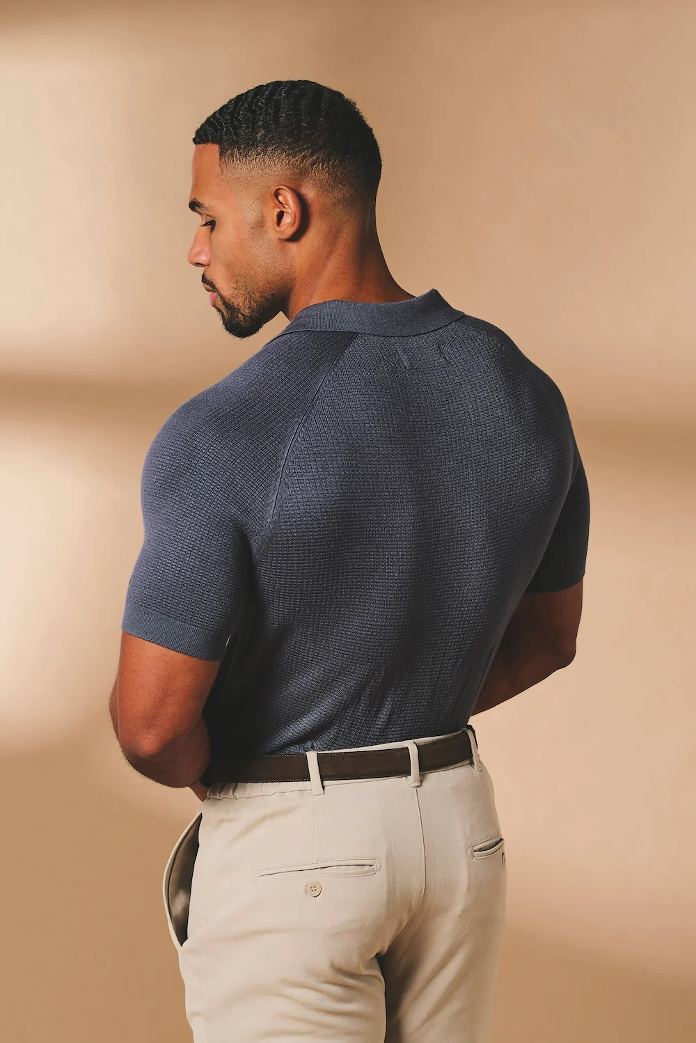 Square Textured Knitted Open Collar Polo Shirt in Slate Blue - Image 6