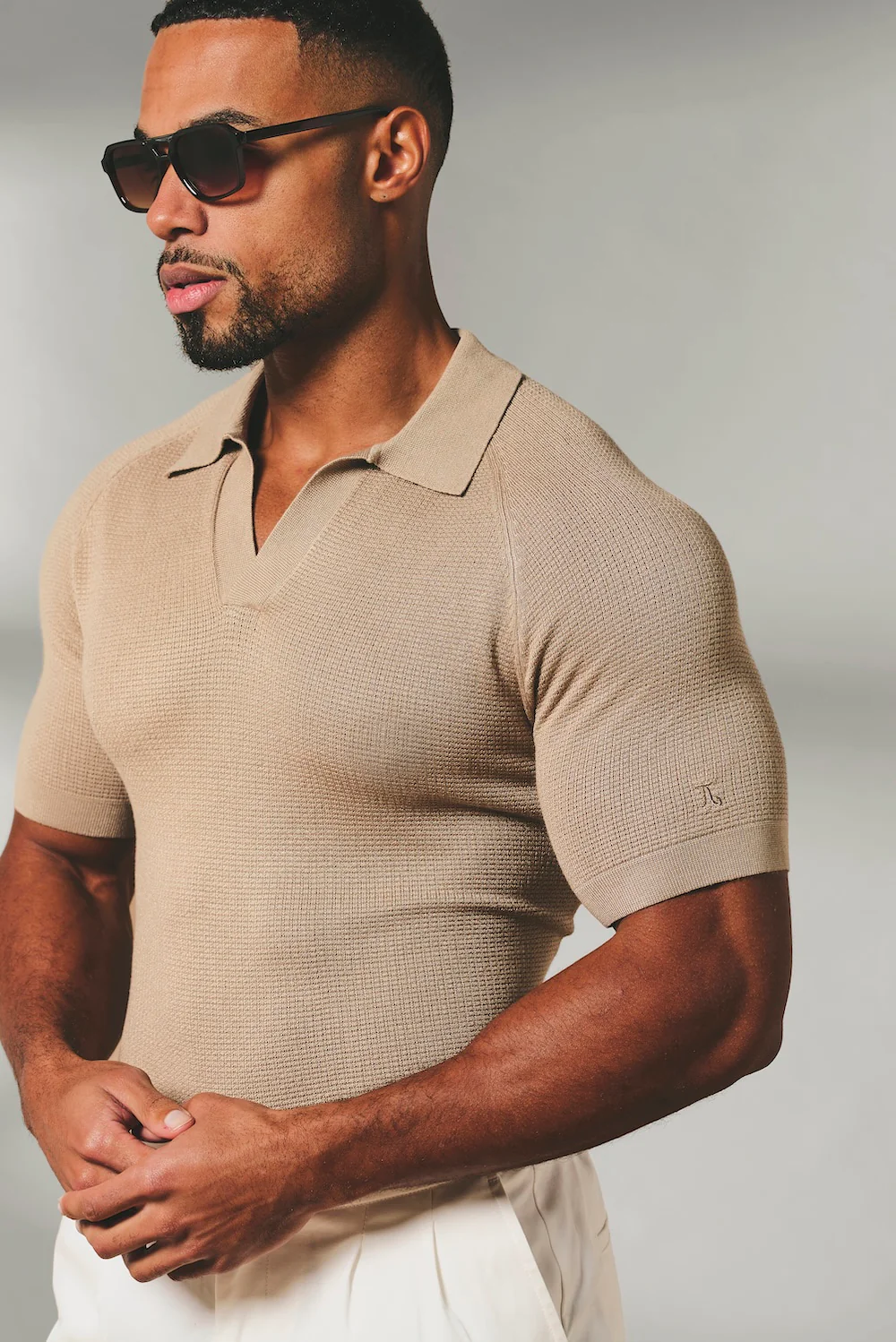 Square Textured Knitted Open Collar Polo Shirt in Stone - Image 5