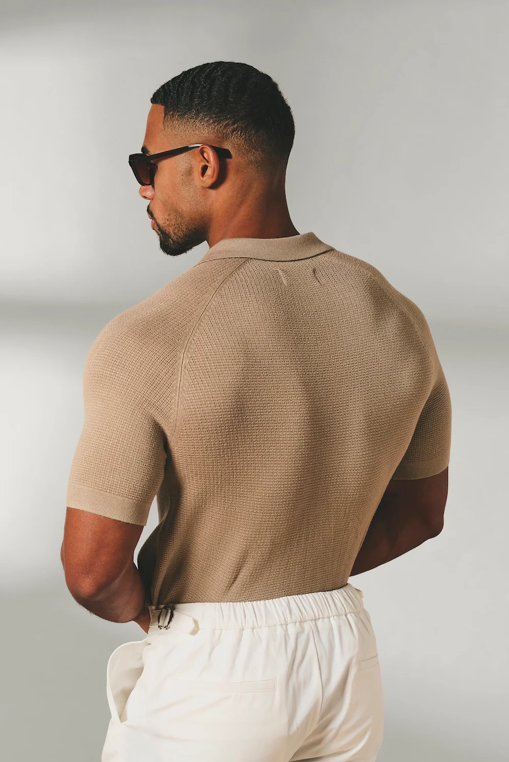 Square Textured Knitted Open Collar Polo Shirt in Stone - Image 7