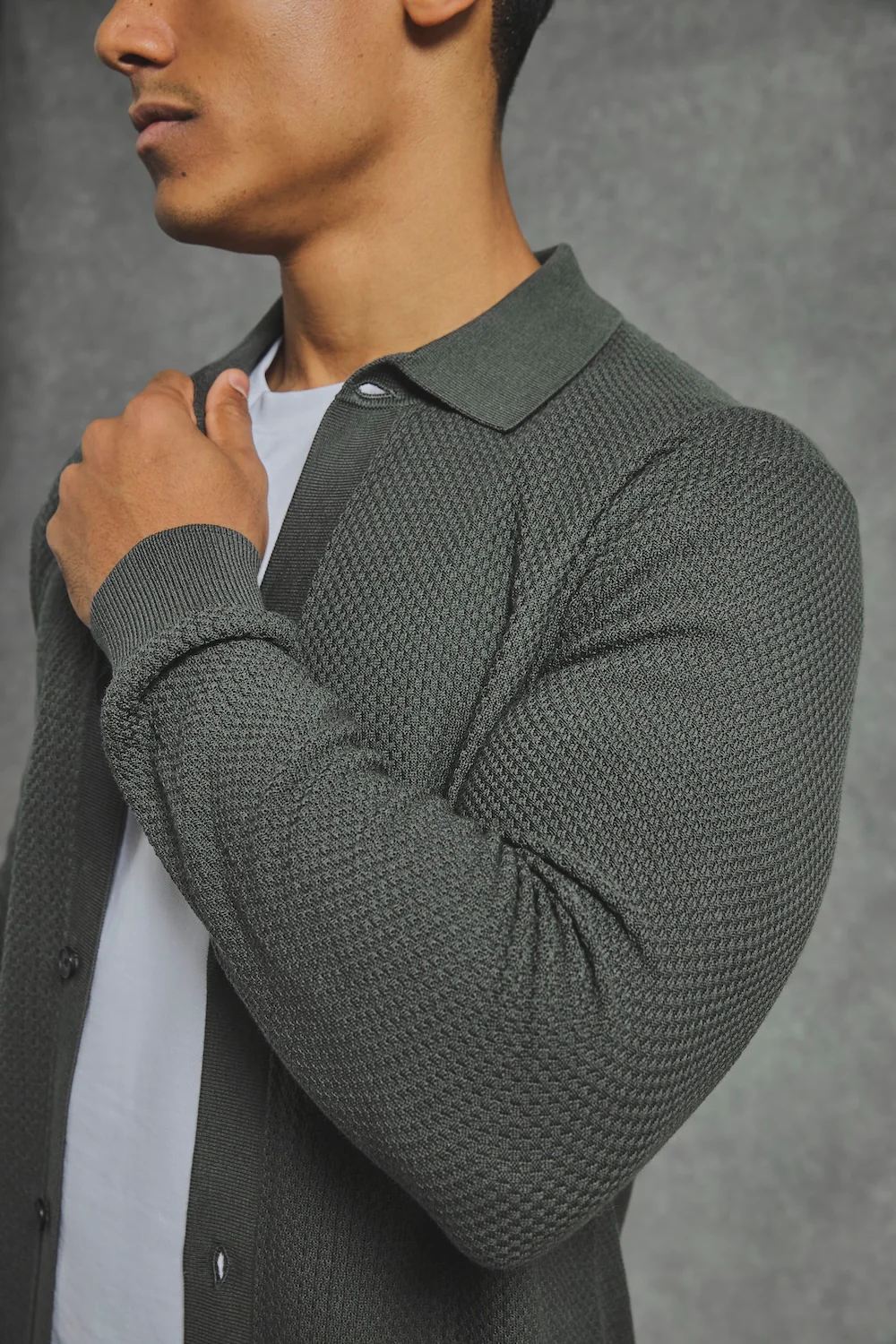 Textured Knitted Shirt in Khaki - Image 2