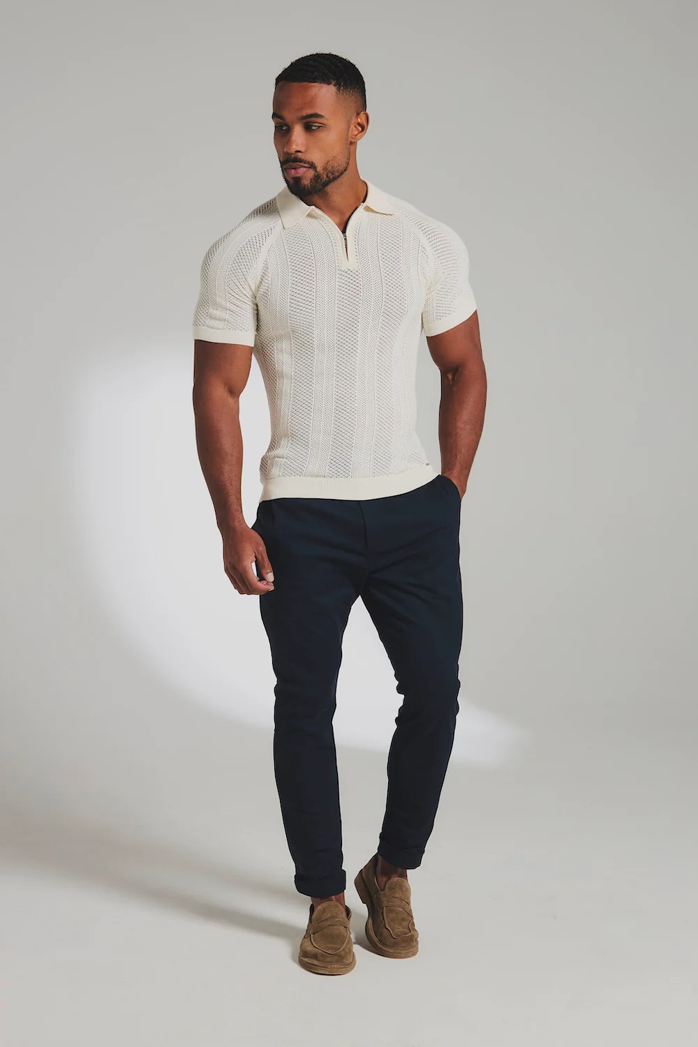 Textured Knitted Zip Neck Polo Shirt In Chalk - Image 3