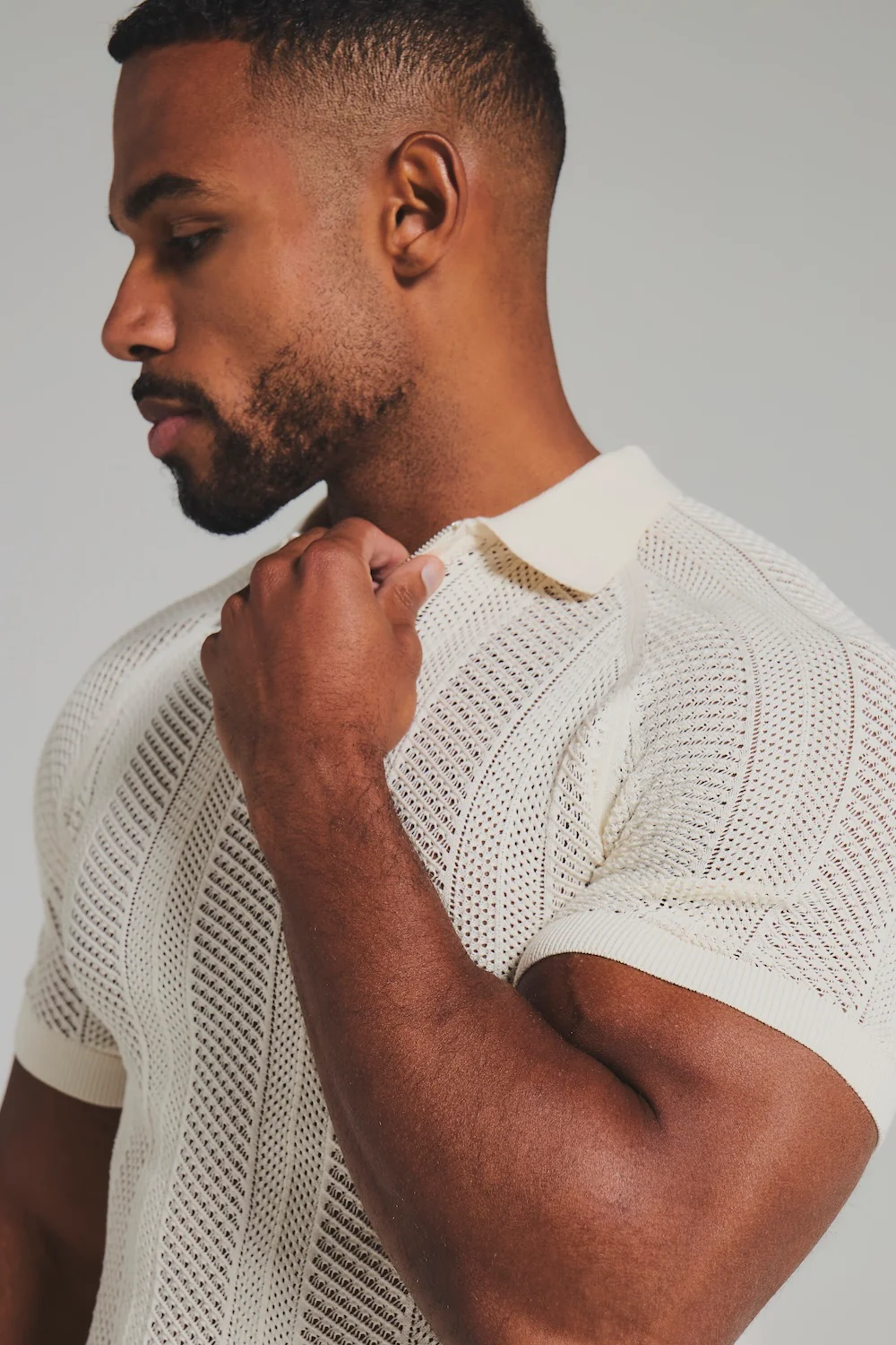 Textured Knitted Zip Neck Polo Shirt In Chalk - Image 4