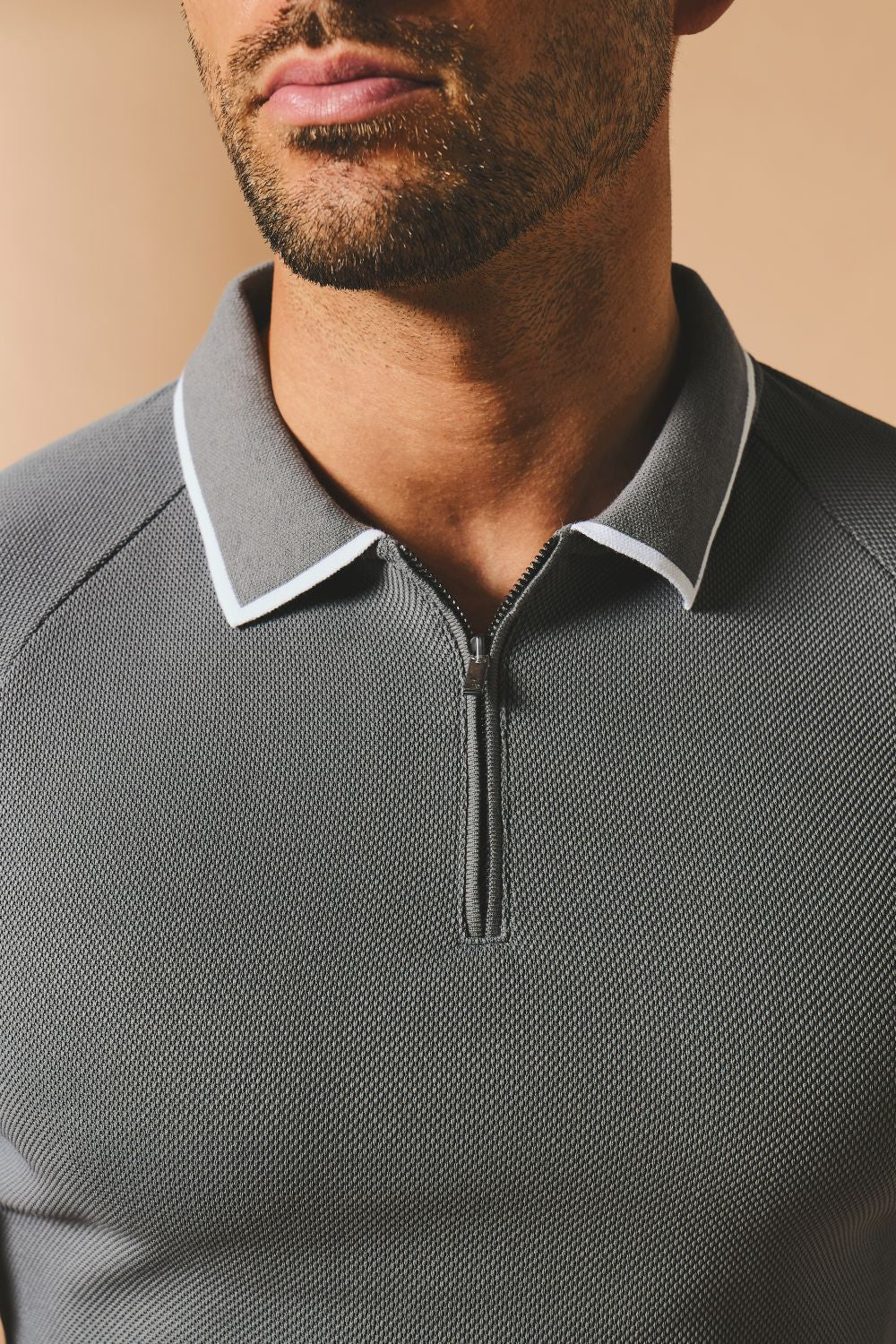 Textured Zip Neck Polo Shirt in Graphite and White Tipping - Image 4