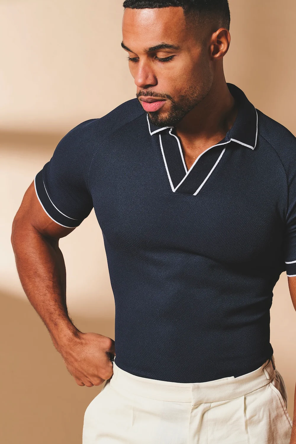 Tipped Textured Open Collar Polo Shirt in Navy and White - Image 3