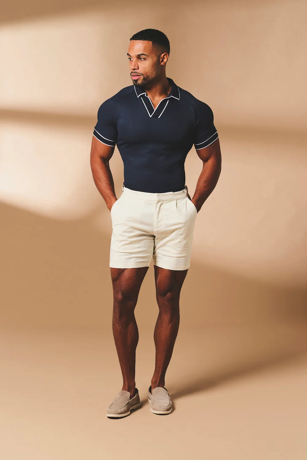 Tipped Textured Open Collar Polo Shirt in Navy and White - Image 4