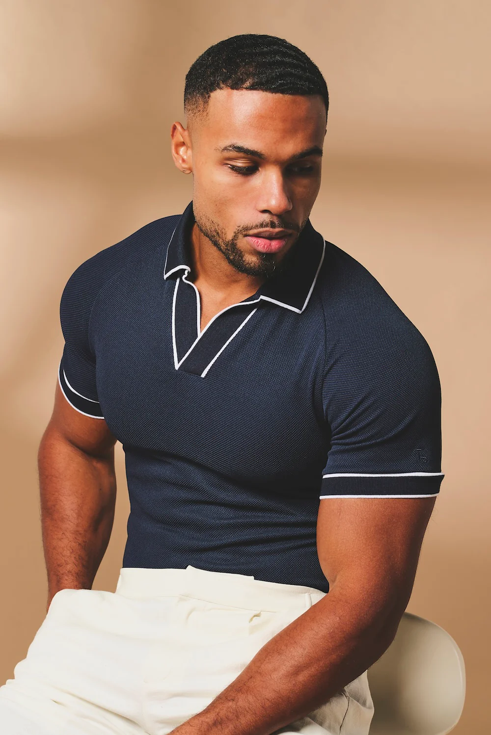 Tipped Textured Open Collar Polo Shirt in Navy and White - Image 5