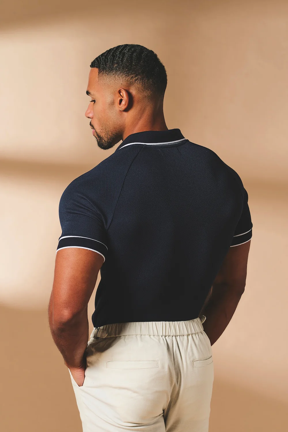 Tipped Textured Open Collar Polo Shirt in Navy and White - Image 6