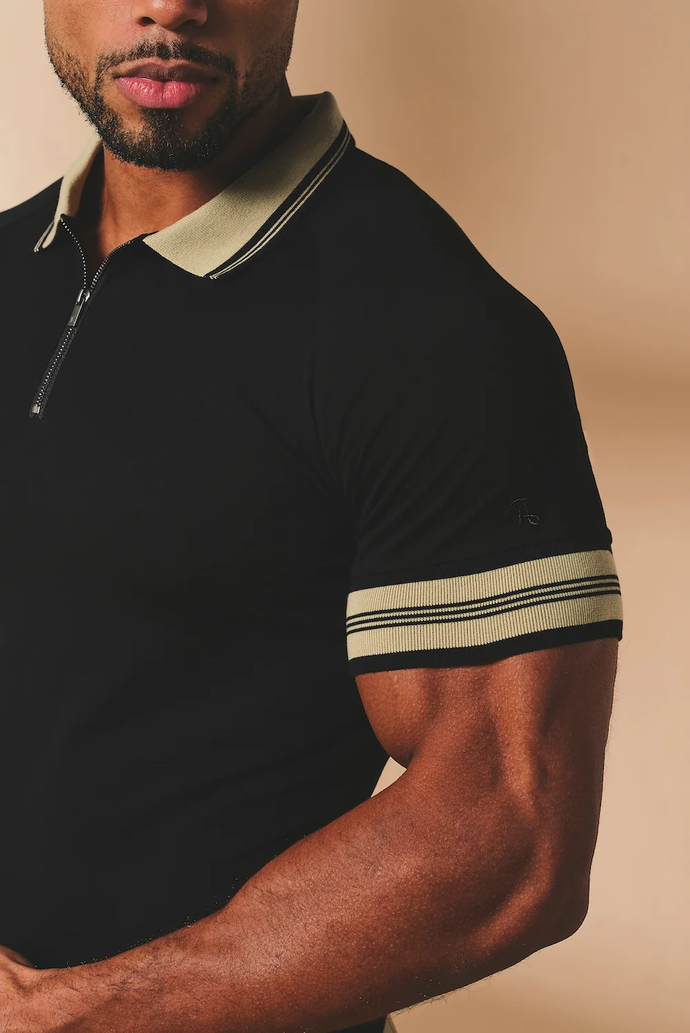 Tipped Zip Neck Polo in Black and Stone - Image 2