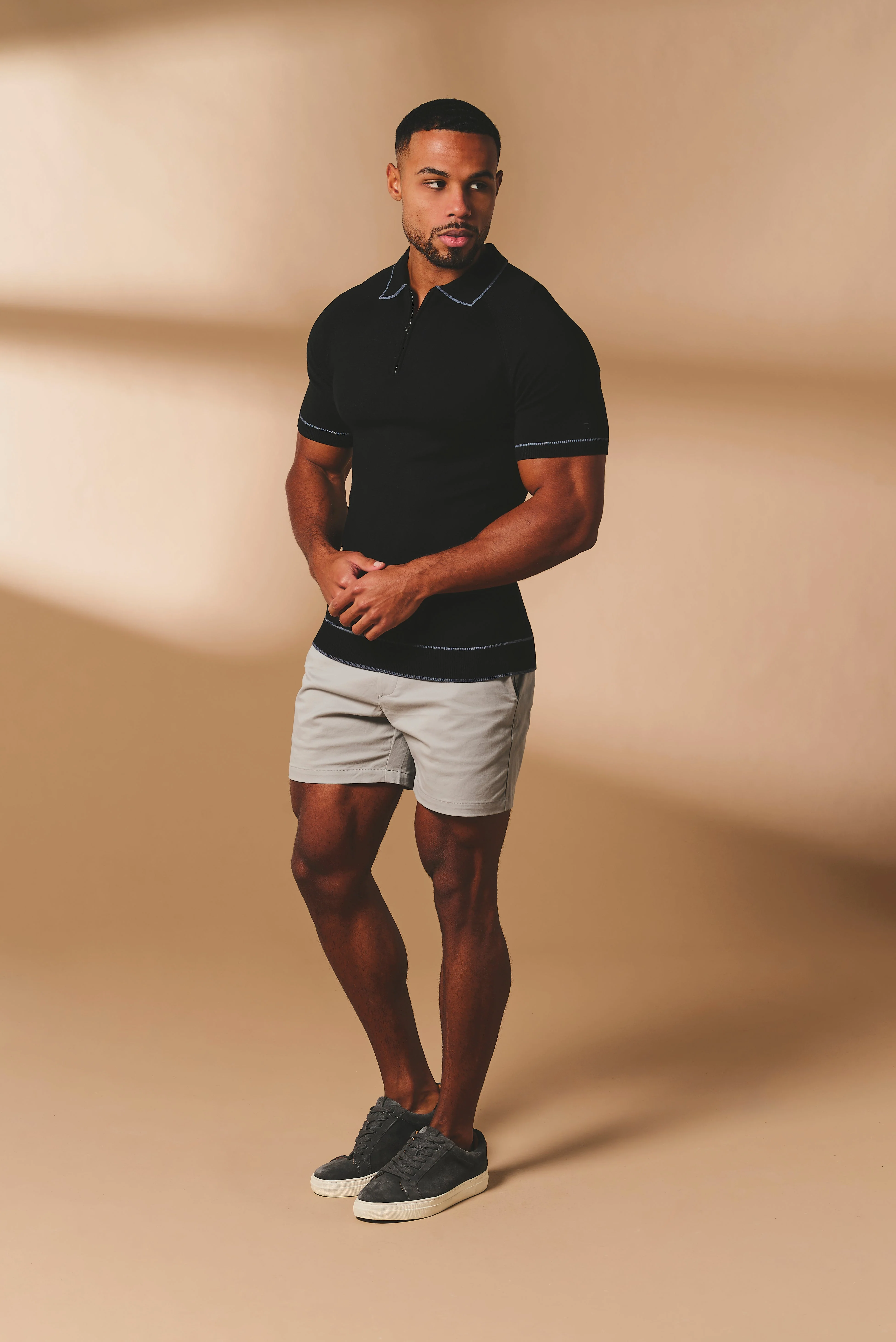 Tipped Knitted Zip Neck Polo Shirt in Black - Image 3