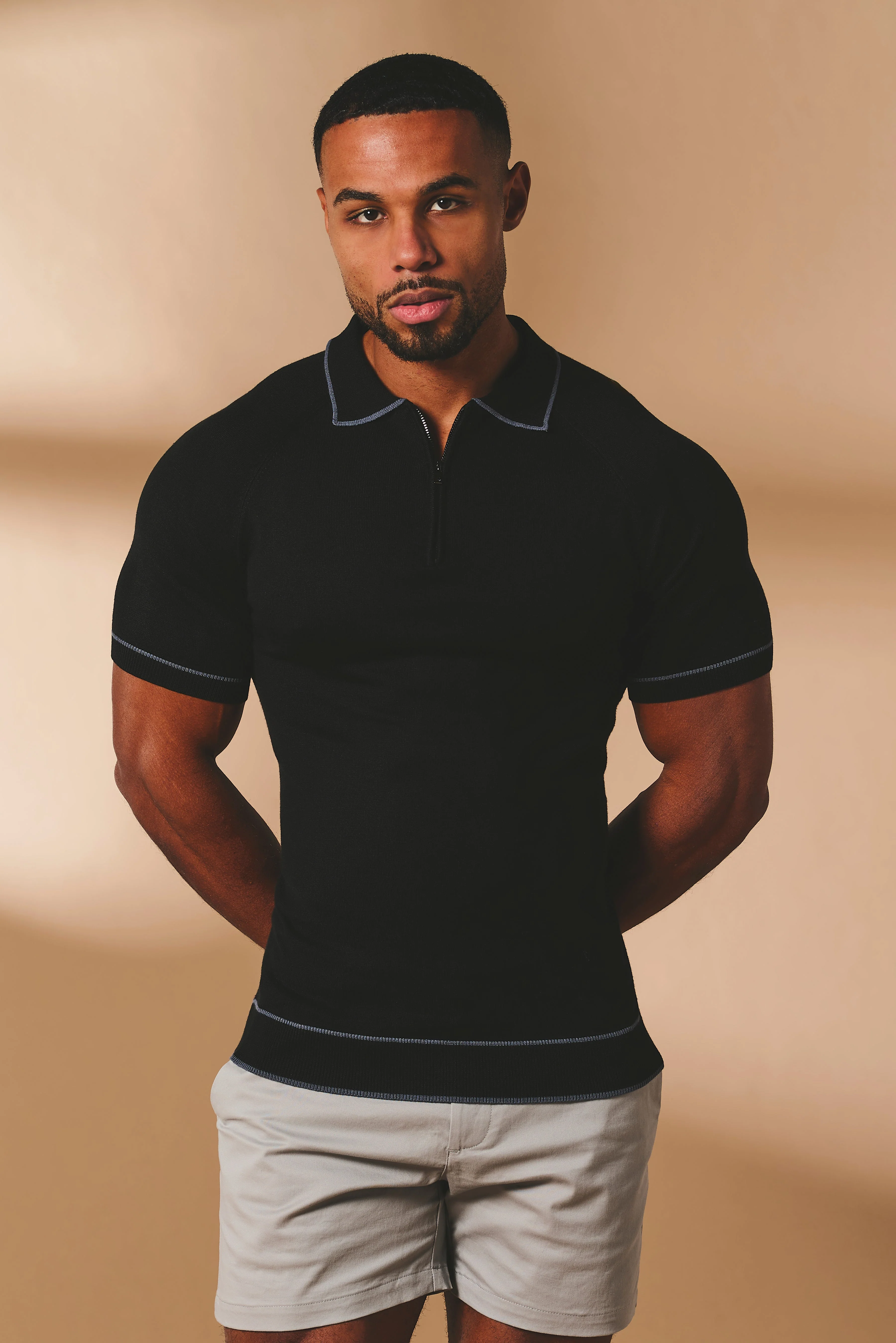 Tipped Knitted Zip Neck Polo Shirt in Black - Image 4