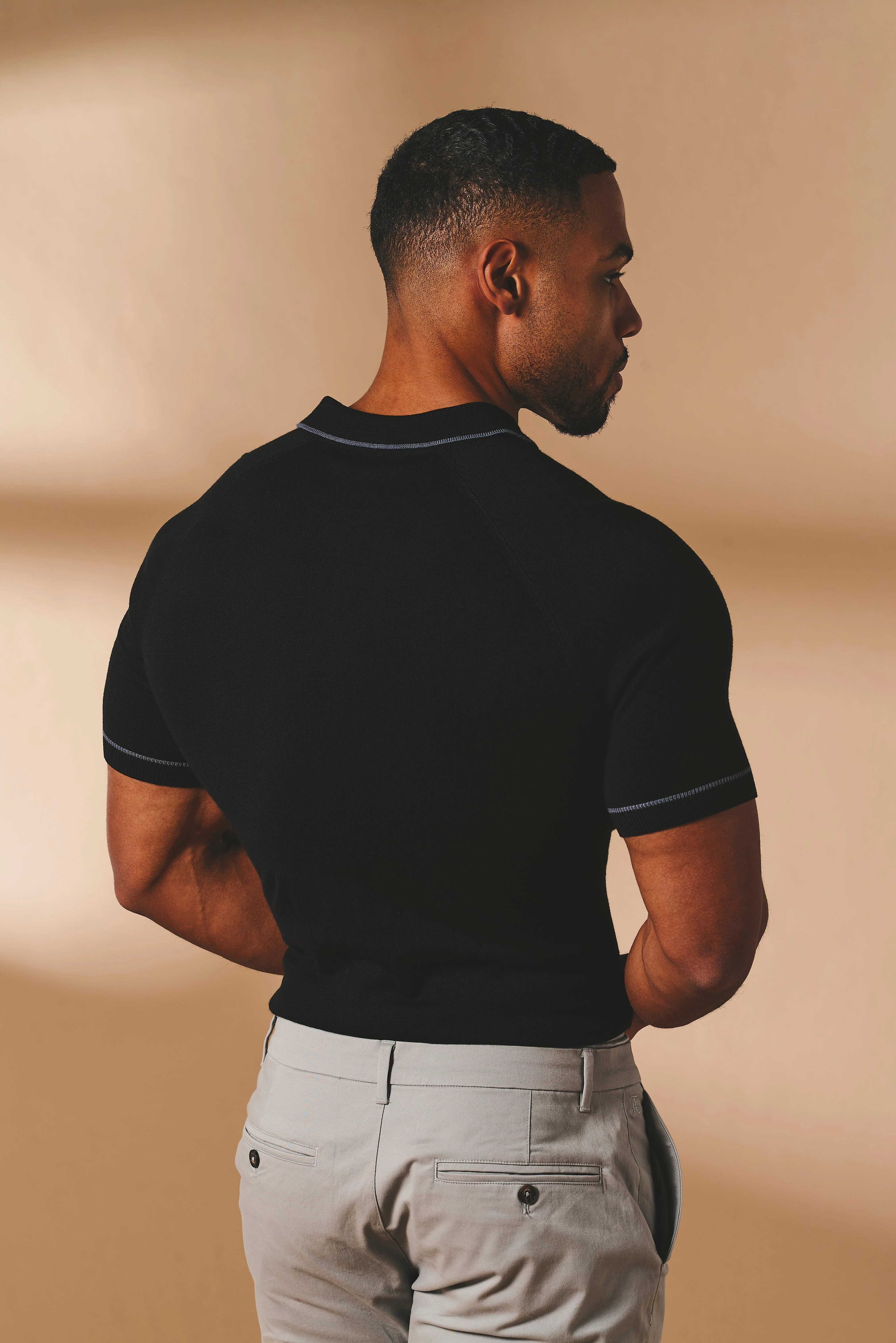 Tipped Knitted Zip Neck Polo Shirt in Black - Image 6