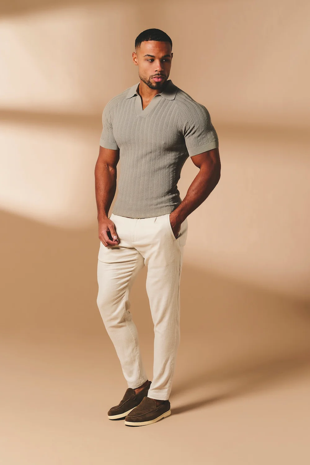 Vertical Stripe Knitted Open Collar Polo Shirt in Mole - Image 3