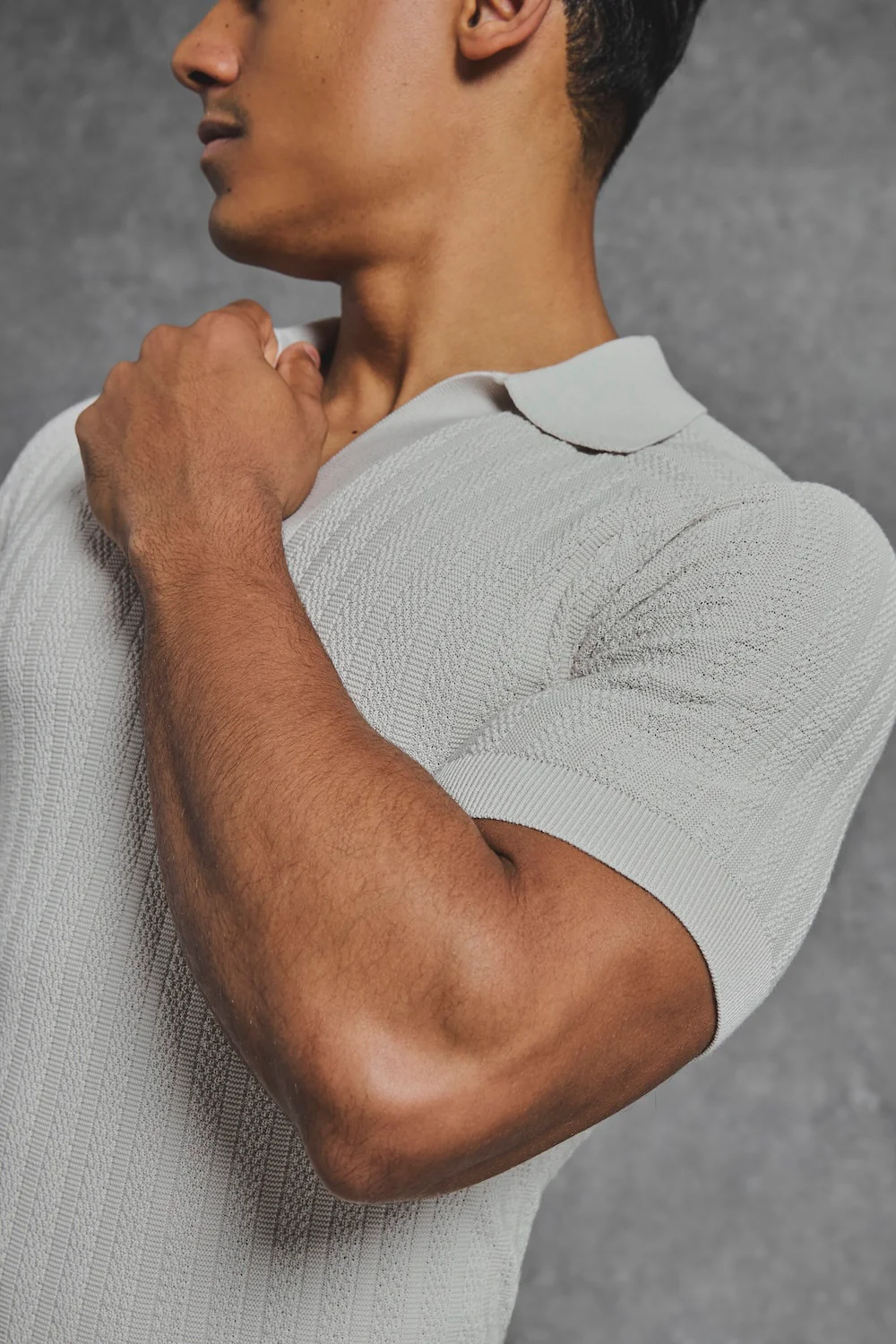 Vertical Stripe Knitted Open Collar Polo Shirt in Stone - Image 2