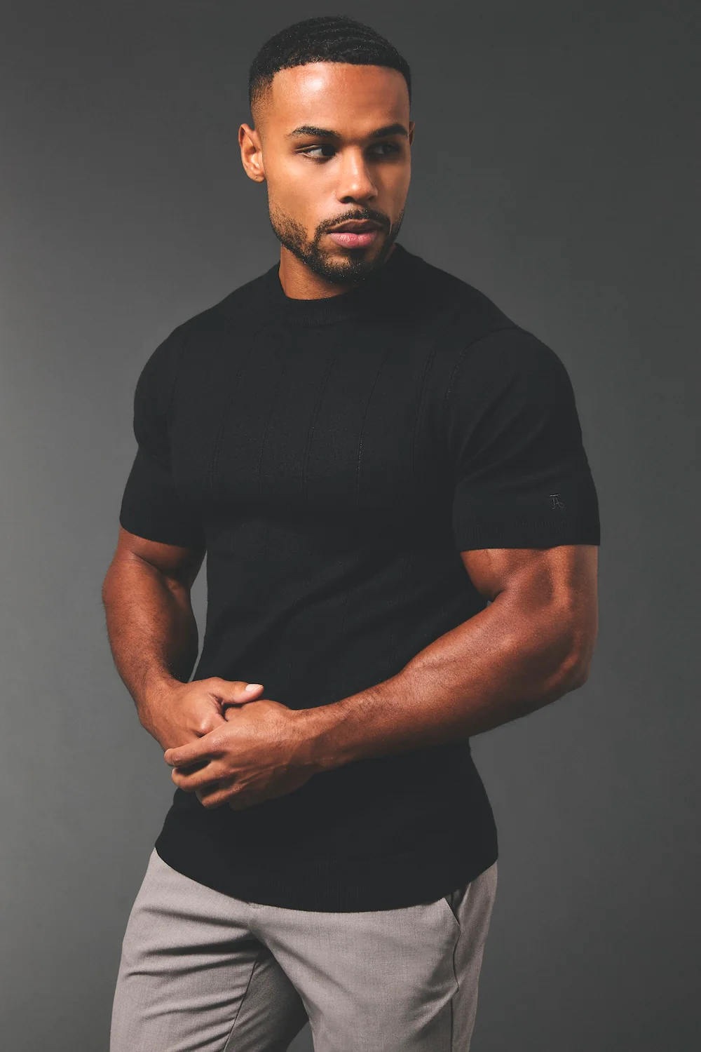 Vertical Stripe Knitted T-Shirt in Black - Image 2
