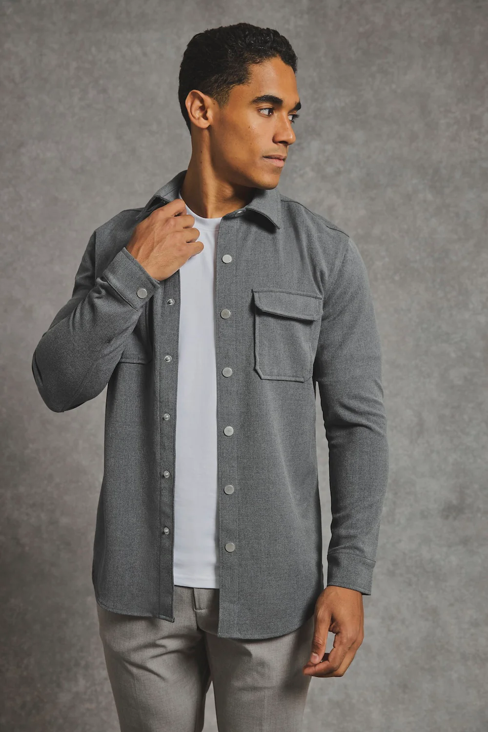 Woven Popper Overshirt in Grey Marl - Image 4