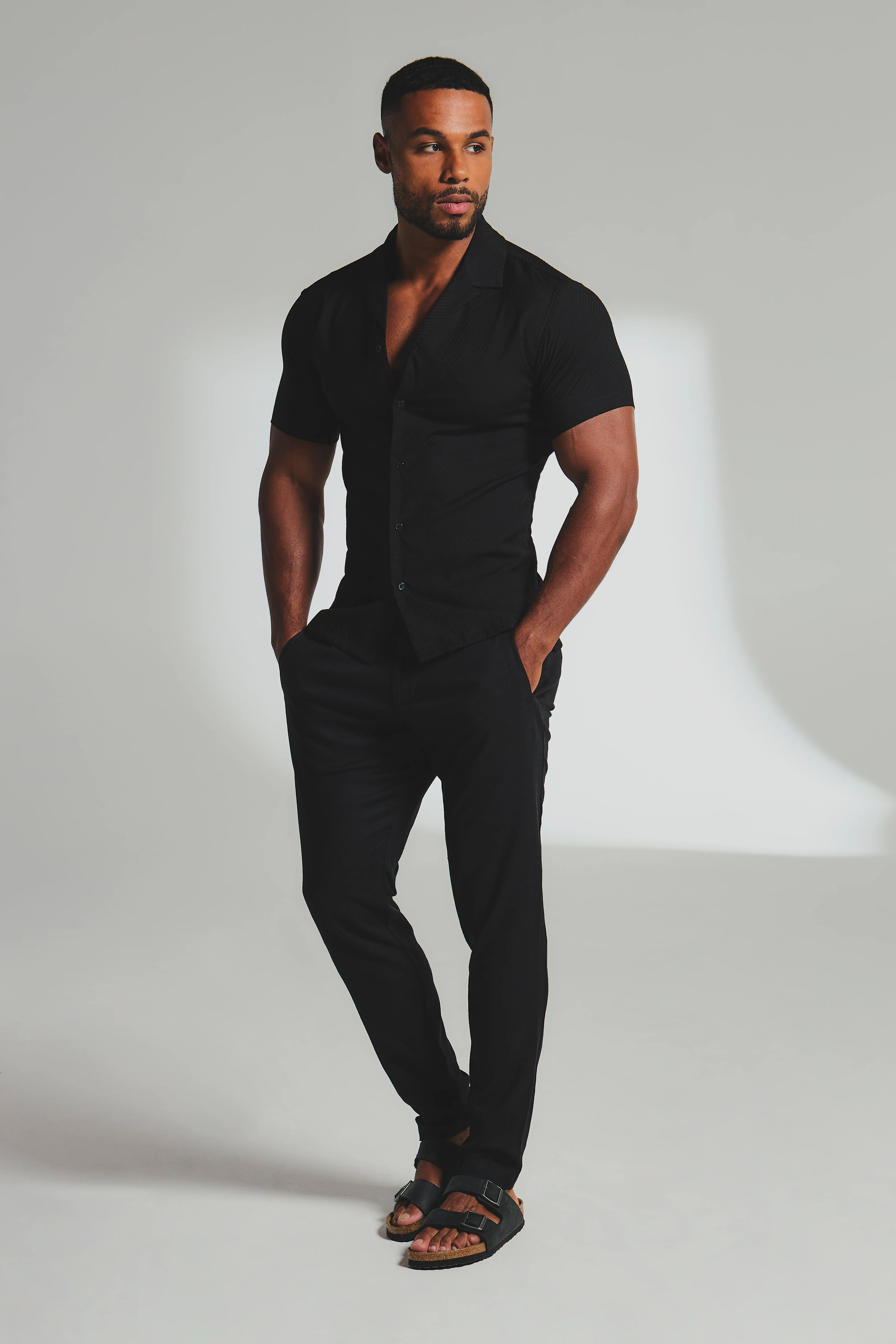 Woven Textured Cuban Collar Shirt in Black - Image 3